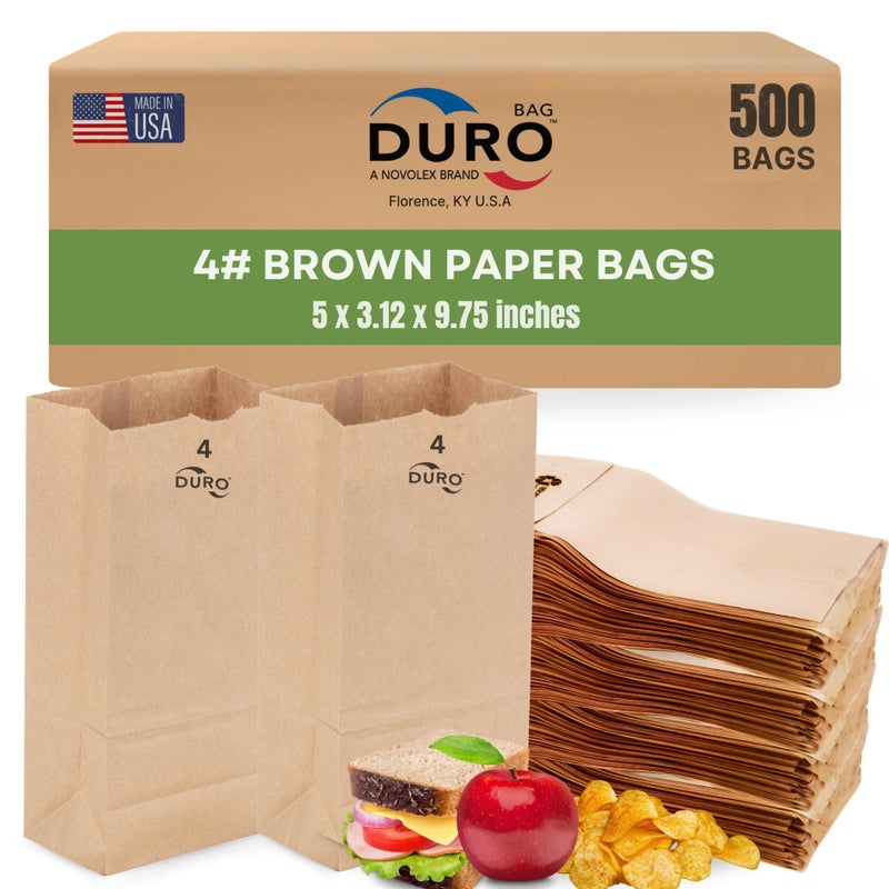 Duro 4# Brown Paper Lunch Bag 500 Count - Ideal for Sandwiches, Candy, Treats, Popcorn, Snacks, Bread & Cookies, Dubl Life SOS Disposable Recycled Kraft Brown Paper Bags Lunch Size, 5x3.12x9.75 Inches - Image 1